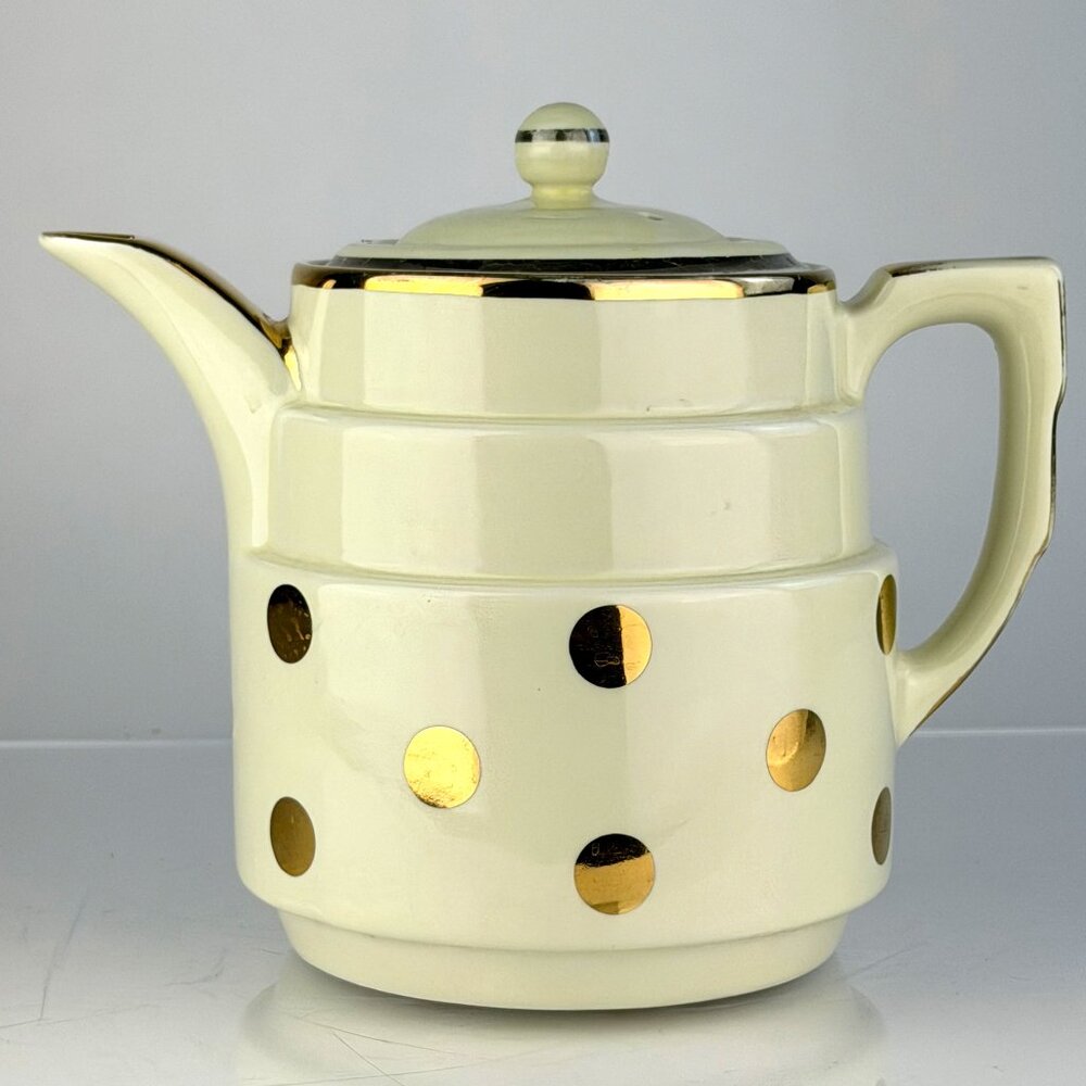 Hall’s Superior Gold Polka Dot Teapot, Cream Ceramic Coffee Server, 1950s Hall